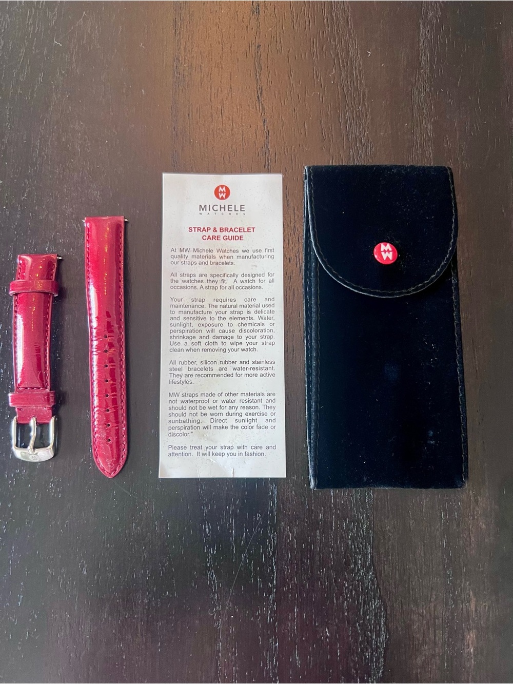 Michele Red Patent Leather Watch Strap with Black Velvet Pouch